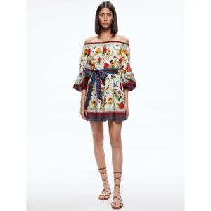NWT Alice + Olivia Mary Off The Shoulder Mini Floral White Red Cotton Dress S
